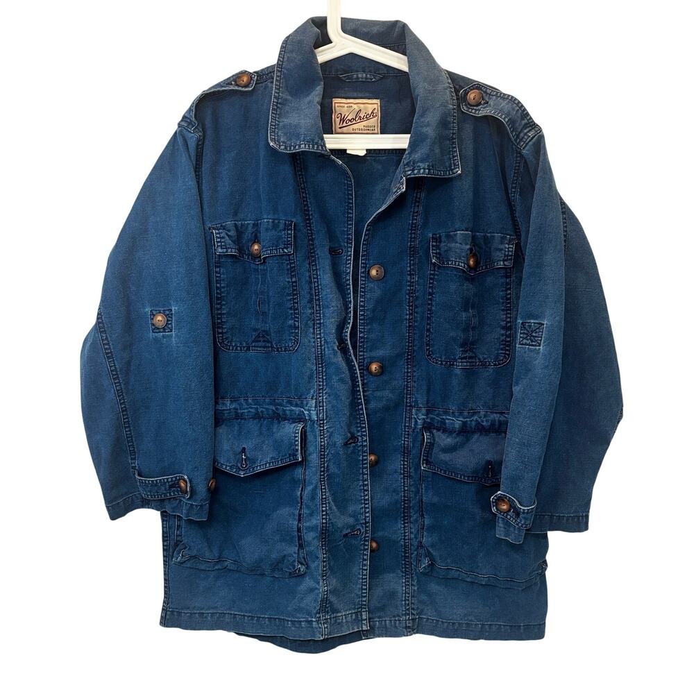Vintage Woolrich Jacket Womens Large Blue Denim Button Front Utility Workwear